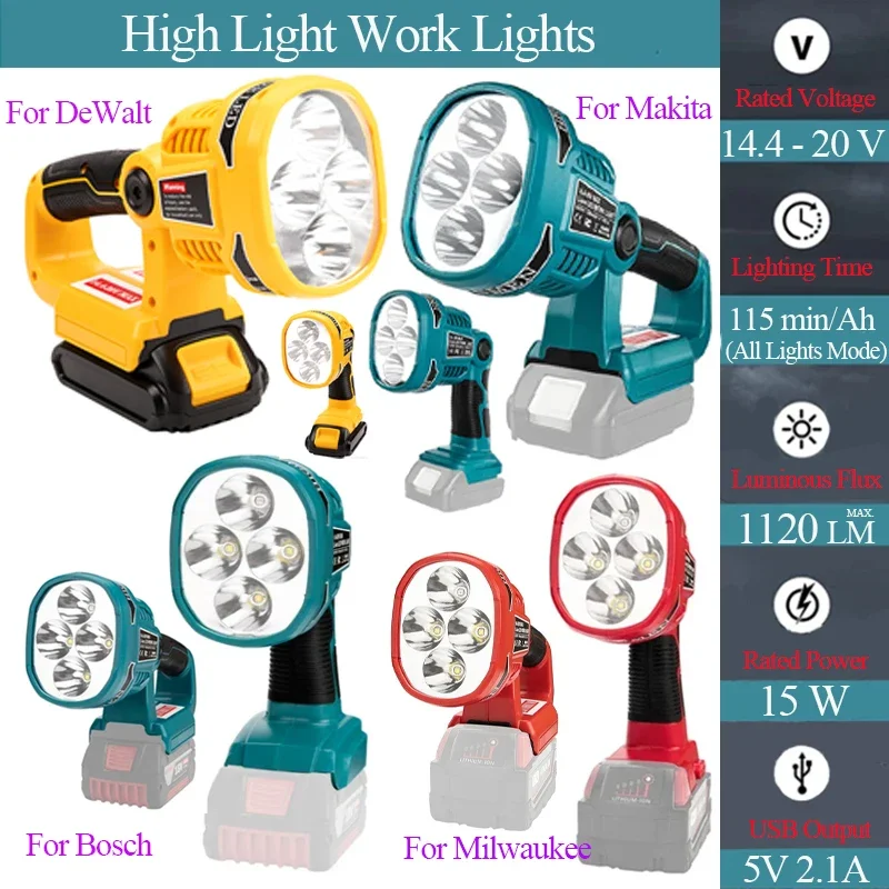 

LED Warning Spot Light Work Lamp Flashlight Torch For Makita For Bosch For DeWalt For Milwaukee For Black Decker Li-ion Battery