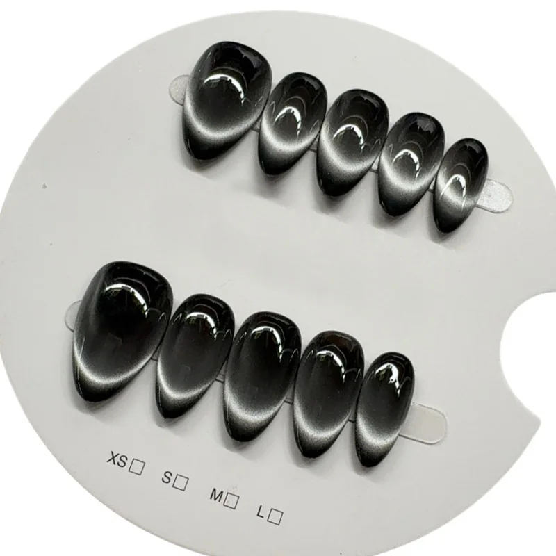 

10pcs Handmade Press on Nail Art Classic Black Almond Glitter Cat-Eye False Nail for Women&Girl Detachable Wearable Nail Art