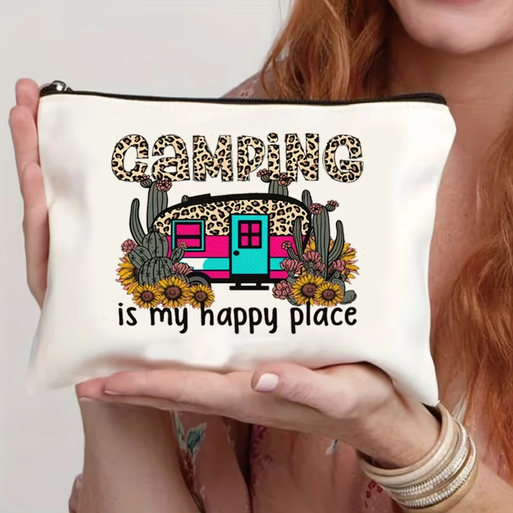 Camping-Themed Makeup Bag, Leopard Print Trailer and Cactus Design - Foldable Lightweight Zippered Storage Bag, Suitable for Travel, Cosmetics, and Toiletries - Durable Fabric Gift for Women and Camping Enthusiasts |   Leopard Print Small Bag |   Zipper Closure, Camping Accessories