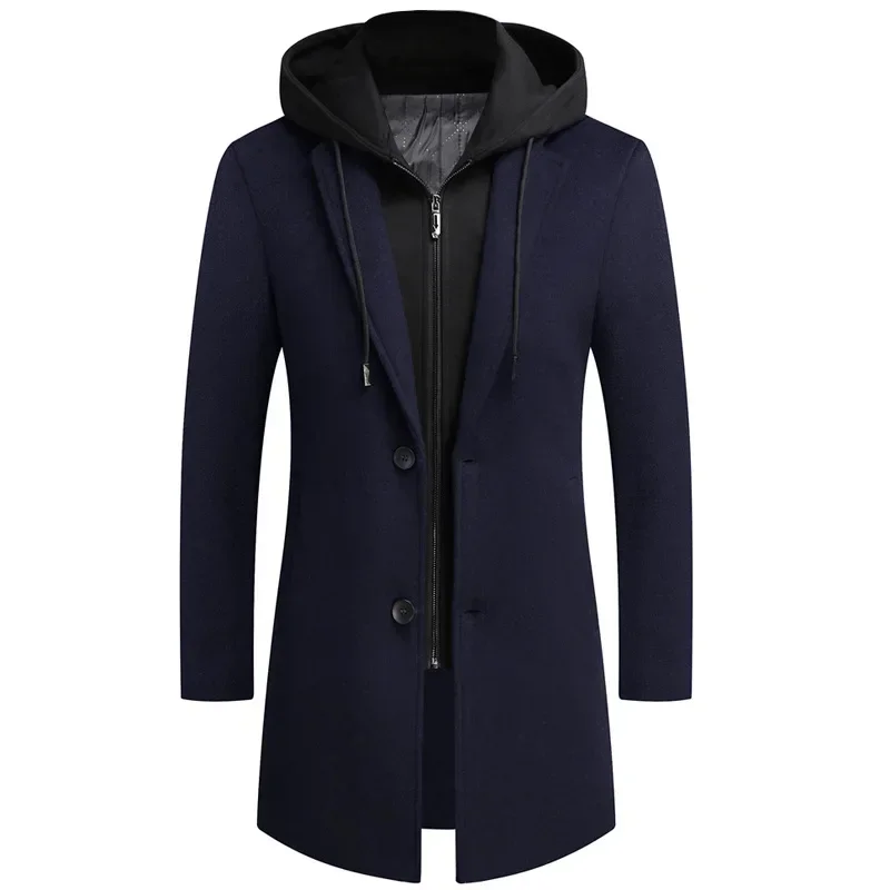 2024 New Men Wool Coat Casual Warm Winter Wool Coat Casual Woolen Coat Mid-length Detachable Hat