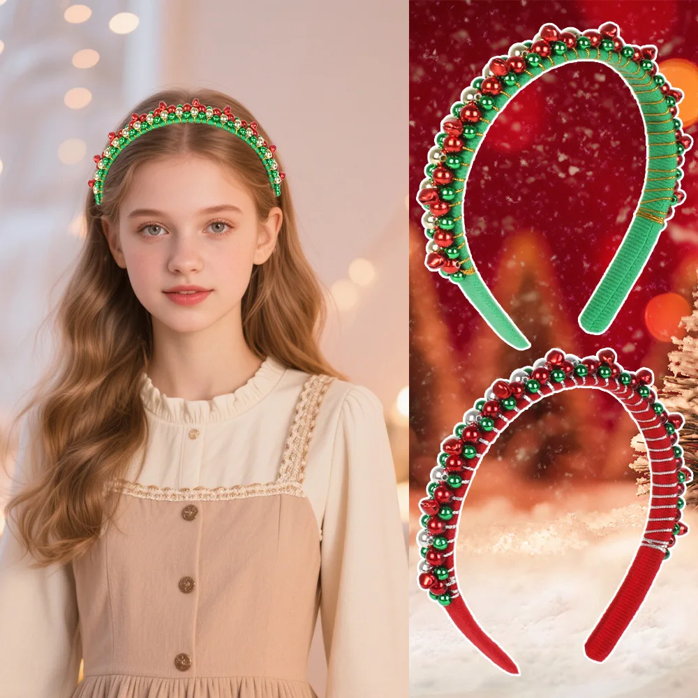 Christmas Headband Red Green Bell Beads Festive Party Hair Accessory for Women Girls Lightweight Comfortable Plastic