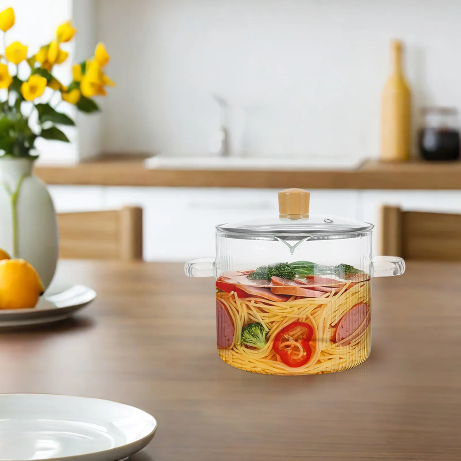 Clear Simmer Pot Double Handle Glass Cooking Pot 2.3L Transparent Borosilicate Glass Saucepan Stew Pan Soup Pasta Noodle Cooking
