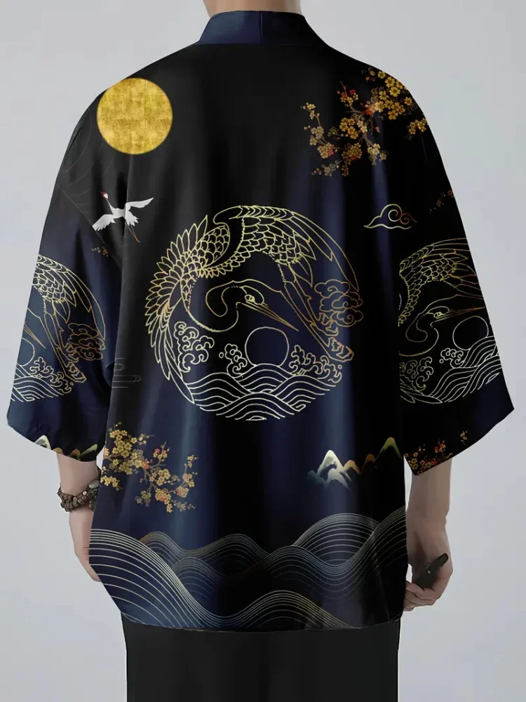Crane Print Casual Loose Cardigan Short Sleeve Japanese Cardigan Kimono Classic Traditional Street Trend Fashion Cardigan Kimono