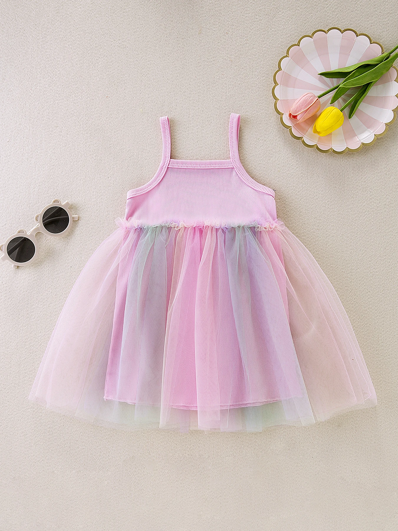 Baby Girl Spring Summer New Arrival Sleeveless Ribbed Dress with Rainbow Tulle Splicing Casual Cute Kids Dress