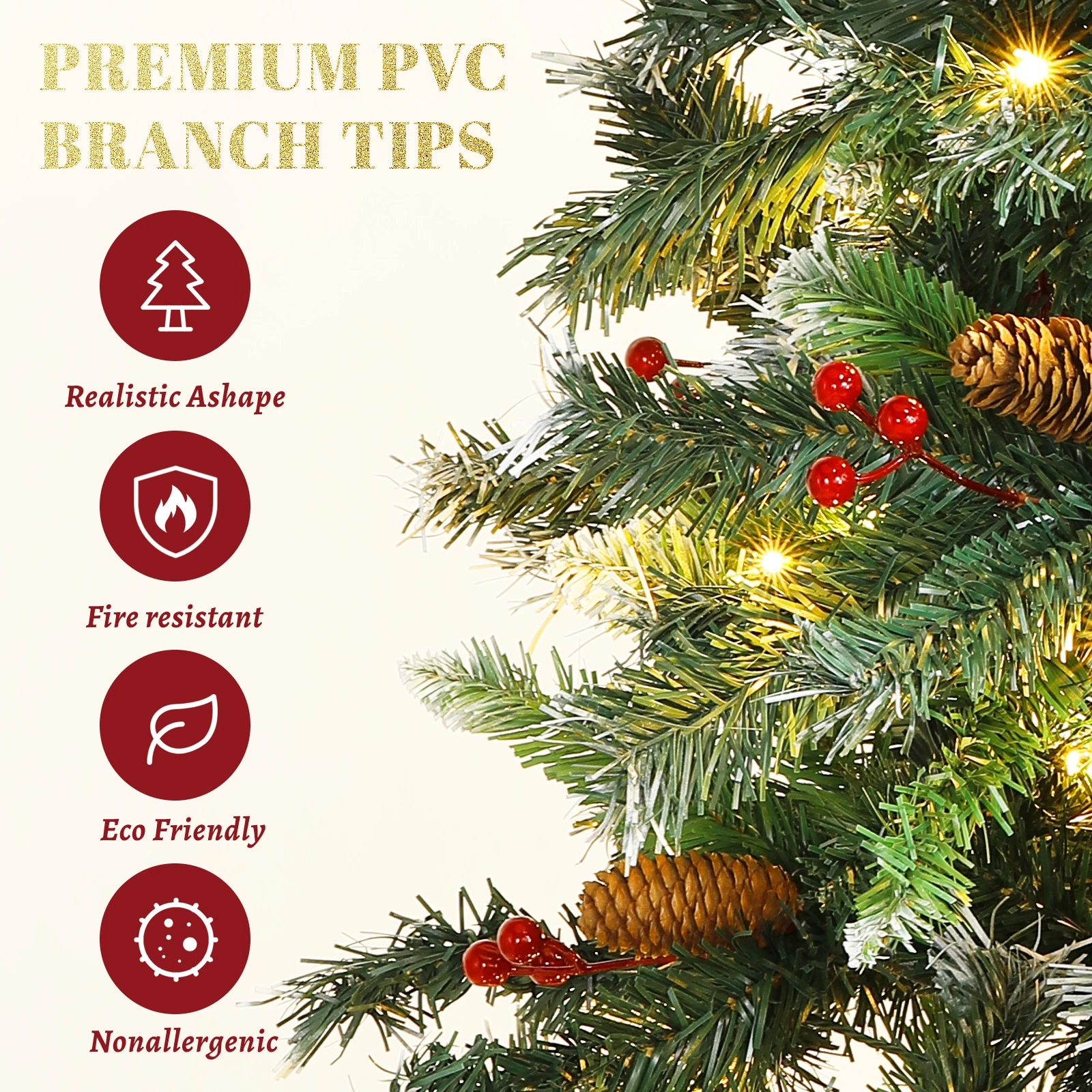 

7 футов Карандаш Рождественское искусственное елочное украшение с 113 ПВХ плюшевыми ветвями Сосновые шишки Красные фрукты 400 светодиодов Теплые белые огни