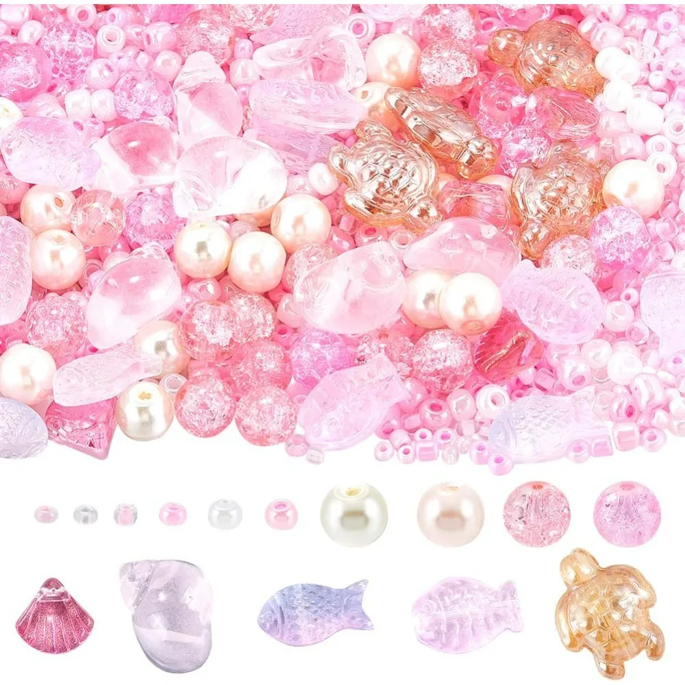 

1 Box 3000+Pcs Ocean Glass Beads Conch Scallop Bead Glass Fish Bead Seashell Beads Sea Turtle Beads Pink Hawaii Summer