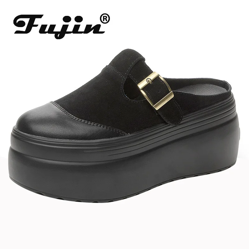 Fujin 8cm pelle scamosciata di mucca vera pelle donna Zandalias De Mujer femmine fibbia piattaforma pantofole zeppa sandali piatti diapositive scarpe