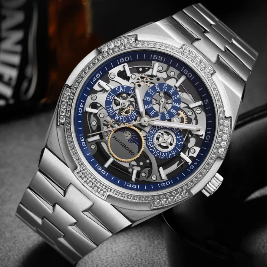 

HANBORO Men Automatic Watch 42mm Mechanical Wristwatch Waterproof Luminous Sapphire Mirror Skeleton Muliti-Dial Month Week Date