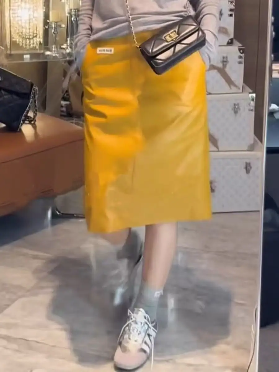 

Новая женская юбка миди из овчины 2025 года, с завышенной талией, облегающая, А-силуэт, повседневная, для девушек