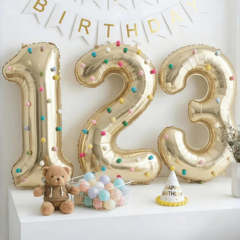 Hellgoldenes Platin-Zahlen-Folienballon-Set mit Zufälligen Pompons DIY Geburtstag Babyparty Dekoration