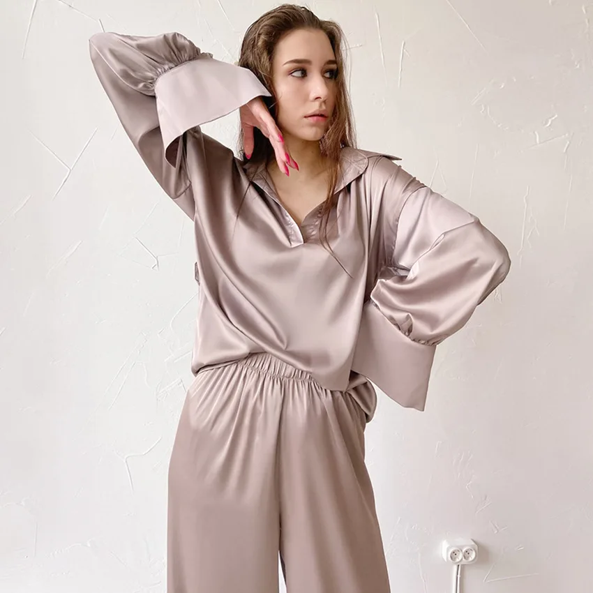 Solid Pajamas Set Women Sleepwear Rayon Long Shirt&pants 2Pcs Trousers Suit Spring Summer Sexy V-Neck Nightwear Loungewear