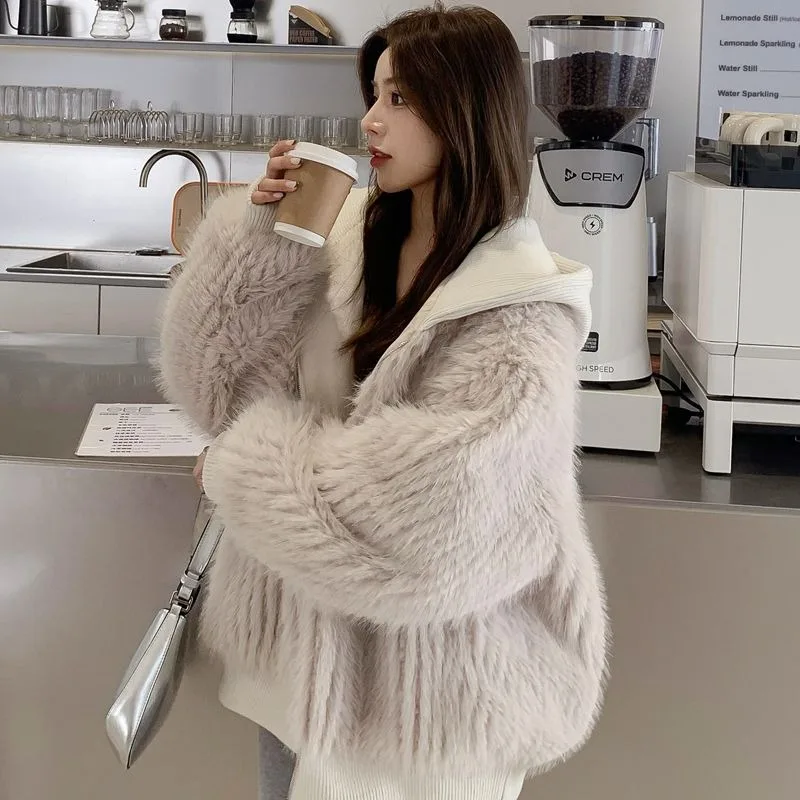 Loose Faux Fox Fur Furry Coat Female Splice Mink Wool Hooded Juvenility New Model 2024 Wintertime Faux Fur Coats  Fur Jacket