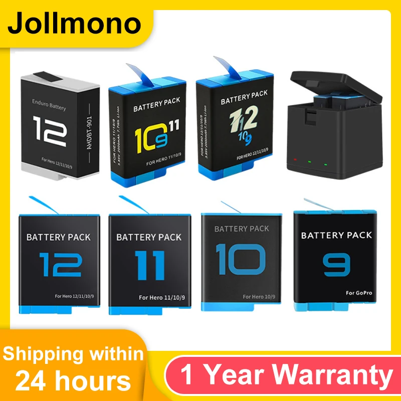 Jollmono 배터리, 고프로 히어로 12, 11, 10, 9, 2000 mAh 배터리, 3 가지 고속 충전기 상자, TF 카드 스토리지, 고프로 히어로 액세서리