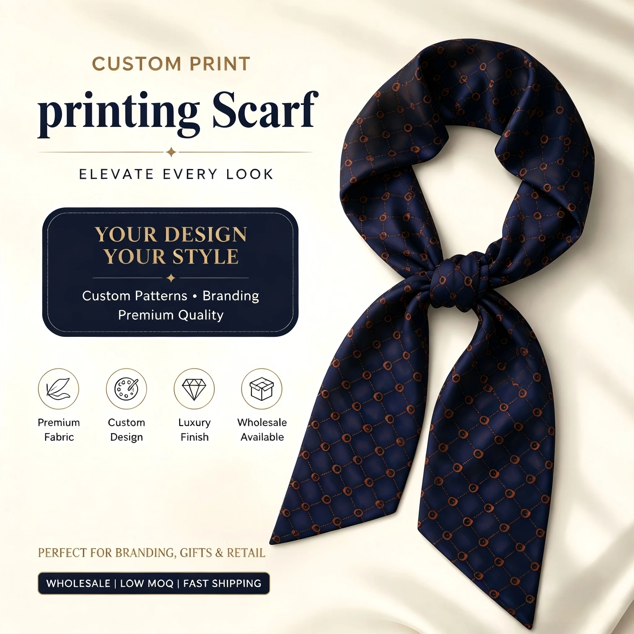 Wholesale Dropship Custom Graphic Printed Narrow Scarf 128x7.6cm DIY Design Twilly Bag Ribbon Hairband Women Elegant Neckerchief