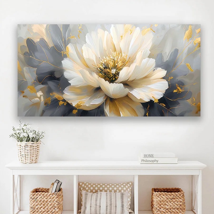 Vintage Golden Leaves White Flower Canvas Painting , Modern Poster and Prints, Wall Art For Living Room Home Deacor No Frame