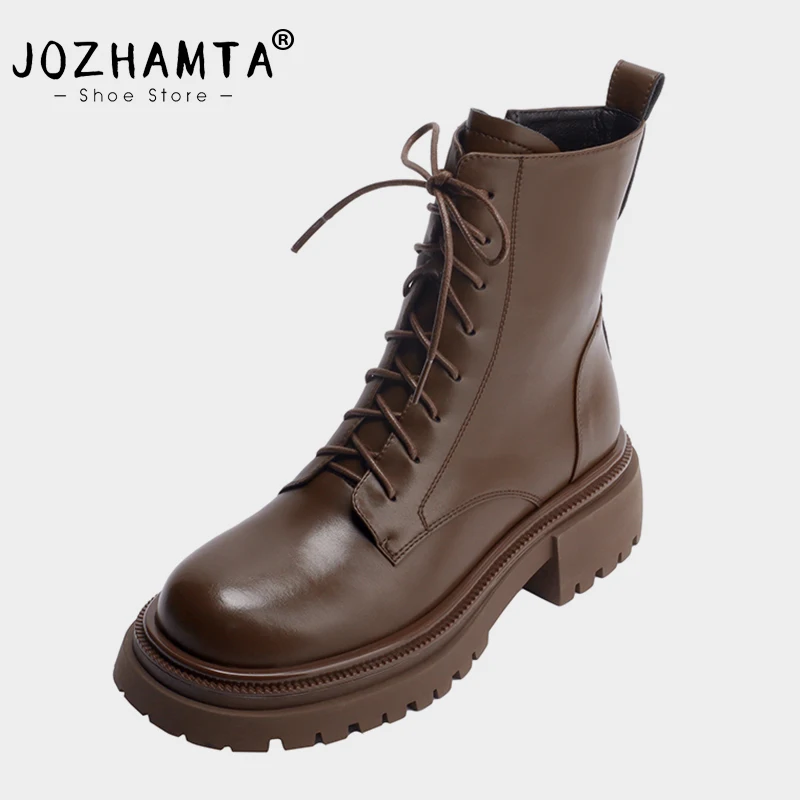 JOZHAMTA Size 34-40 Women Ankle Boots Genuine Leather Lace-Up Zipper Thick Heels Platform Shoes Fall Winter Short Booties Dress