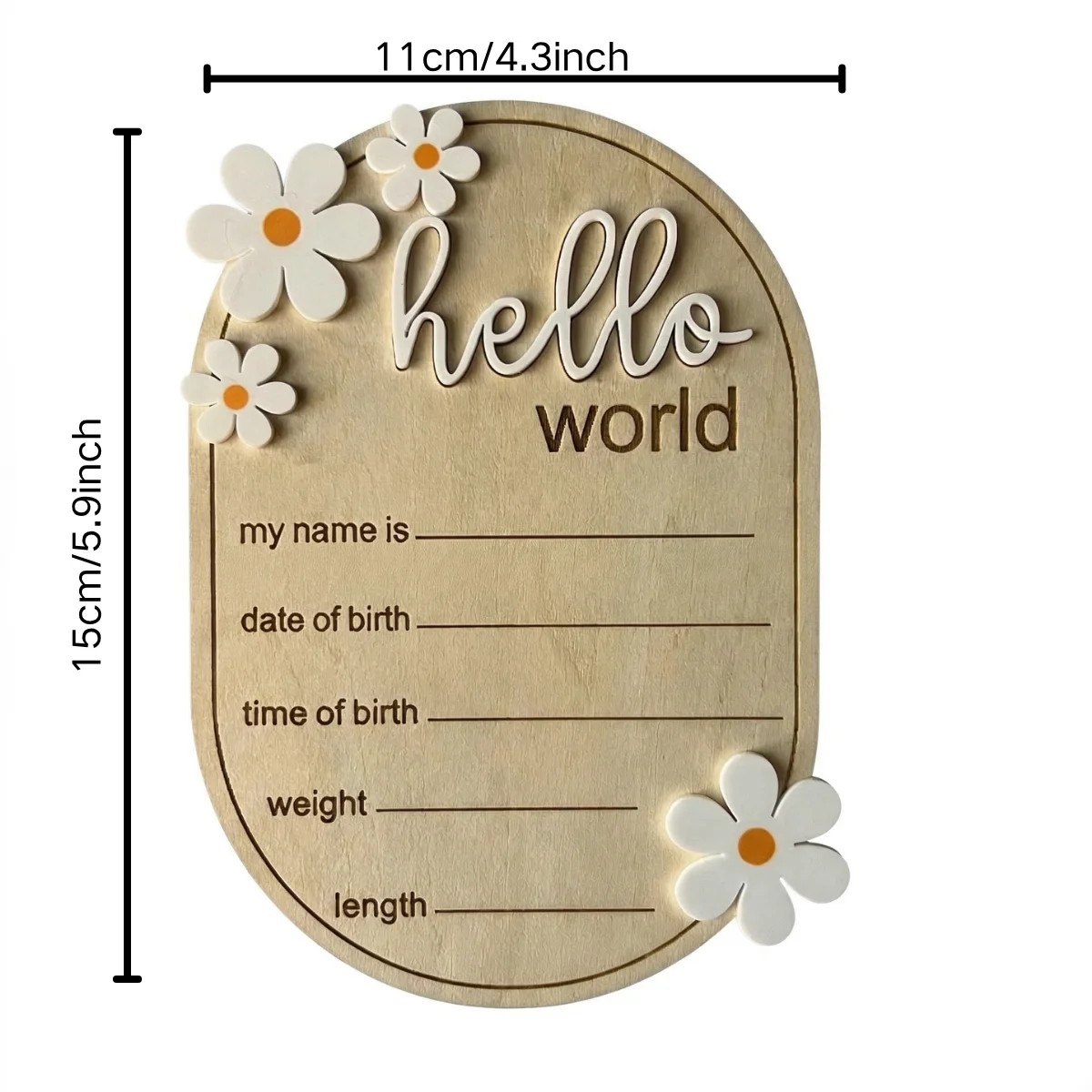 15cm Ovale 3D Naturholz-Plakette mit Erhöhten Acrylbuchstaben und Gänseblümchen-Dekorationen, 'Hello World' Geburtsanzeige, Foto – Detail 6