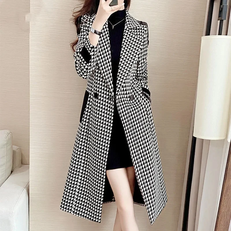 

Houndstooth Woolen Coat 2023 New Women Winter Jacket Female Long Slim Thick Warm Wool Blend Coats Windbreaker Outerwear