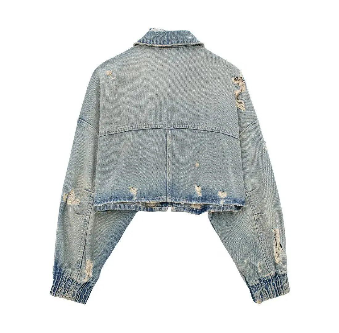 Women's Distressed Cropped Denim Jacket Vintage Washed Zip-Up Jacket Long Sleeve Elastic Cuff Short Denim Top