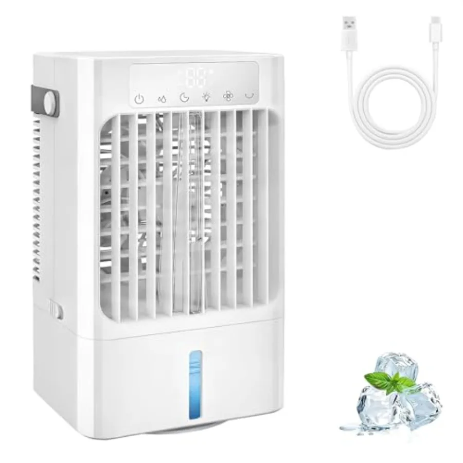 

Portable AC Fan for Bedroom Office Desk: ABS Plastic, White, 3-Speed Cooling with 120 Oscillation, 1-8H Timer, 7-Color LED Ligh