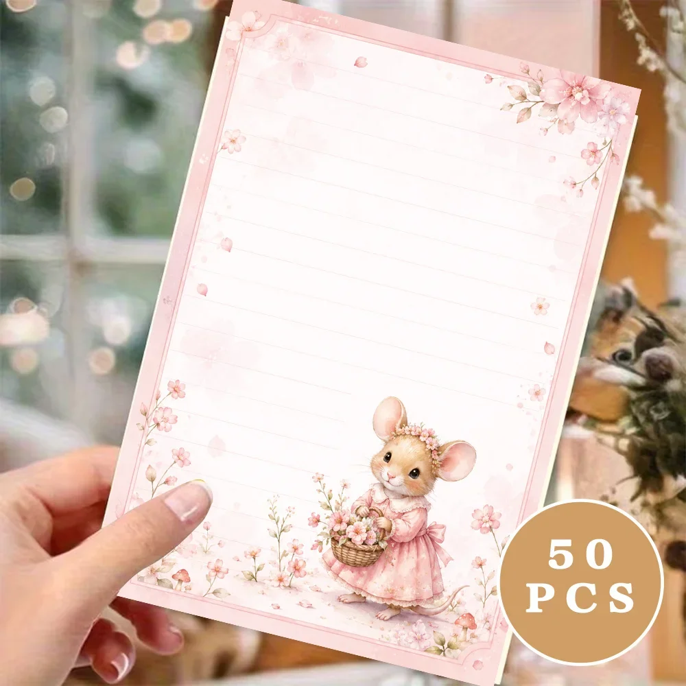 50 Sheets, Pink Sakura Little Mouse-themed Writing Paper, Lined, Glue-free, Perfect For Notebooks, Memos, And Stickers