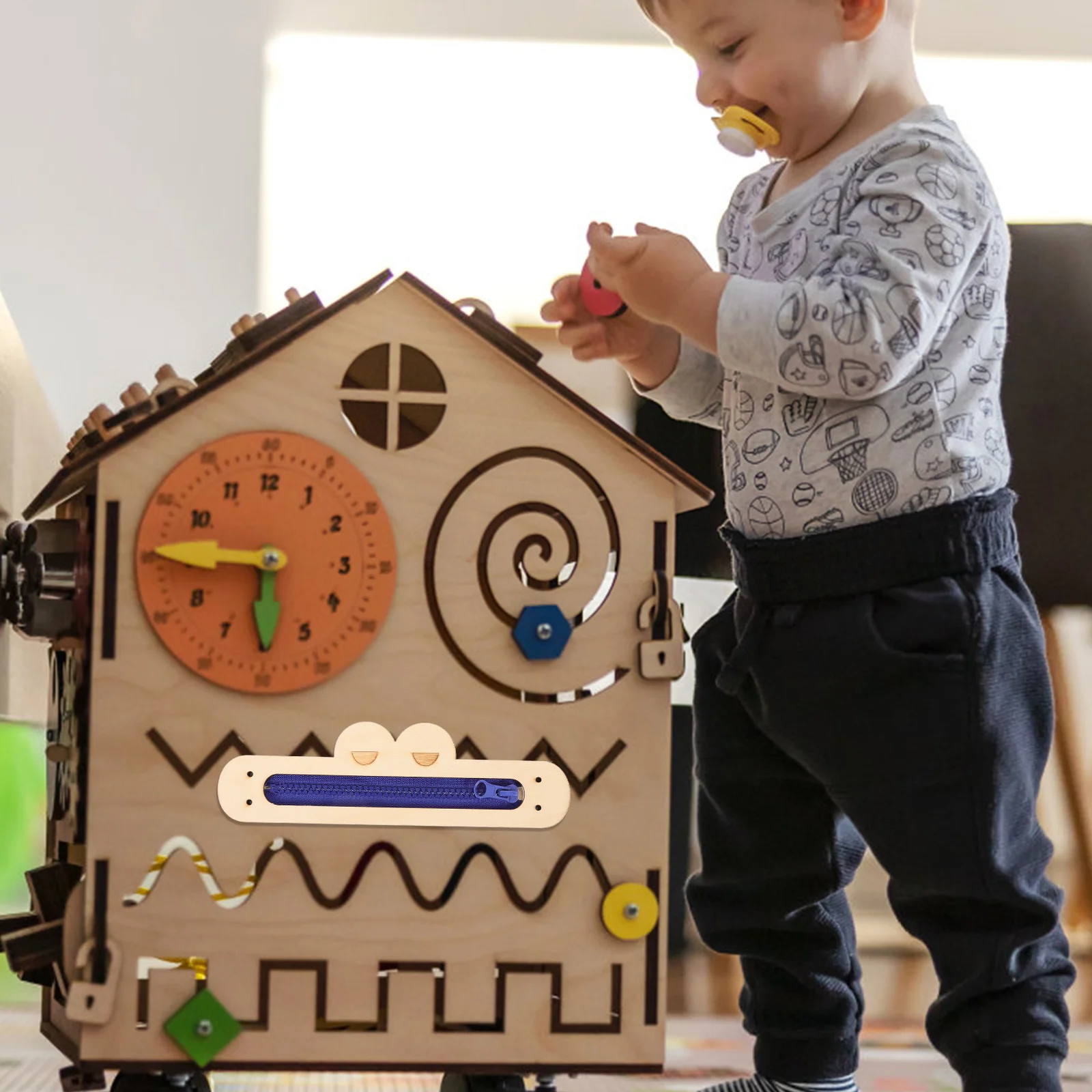 

Wooden Busy Board Cartoon Frog Zipper Educational Interactive for Toddlers Early Problem Solving