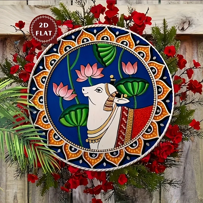 2D Flat - 1pc Vintage Indian Art Wooden Wall Decor | Waterproof and Dustproof, Lotus and Cow Design, Easy to Hang, High-Definiti