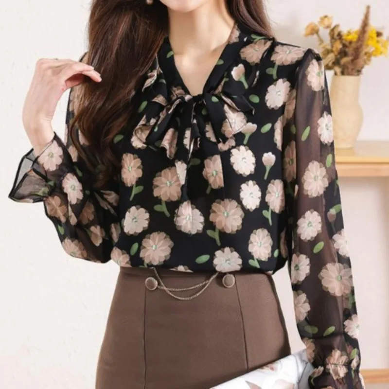 Elegant Blouses for Women Long Sleeve Thin Spring Summer Fashion Middle Age All-match Korean Style New Soft Printed Casual Fit