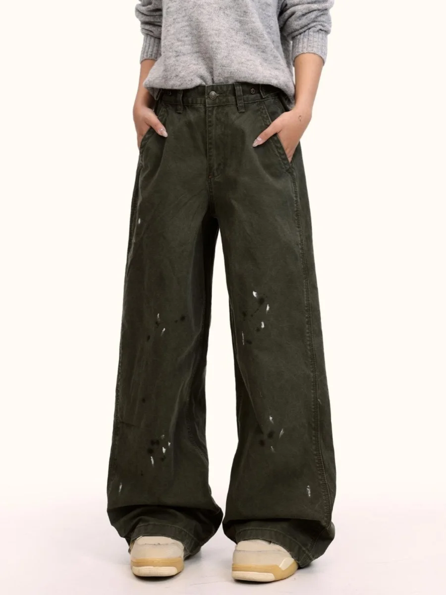 

Retro American Loose Straight Leg Work Pants Men Women Street Sle Casual Jeans Dyeing Worn out Waed out All Match