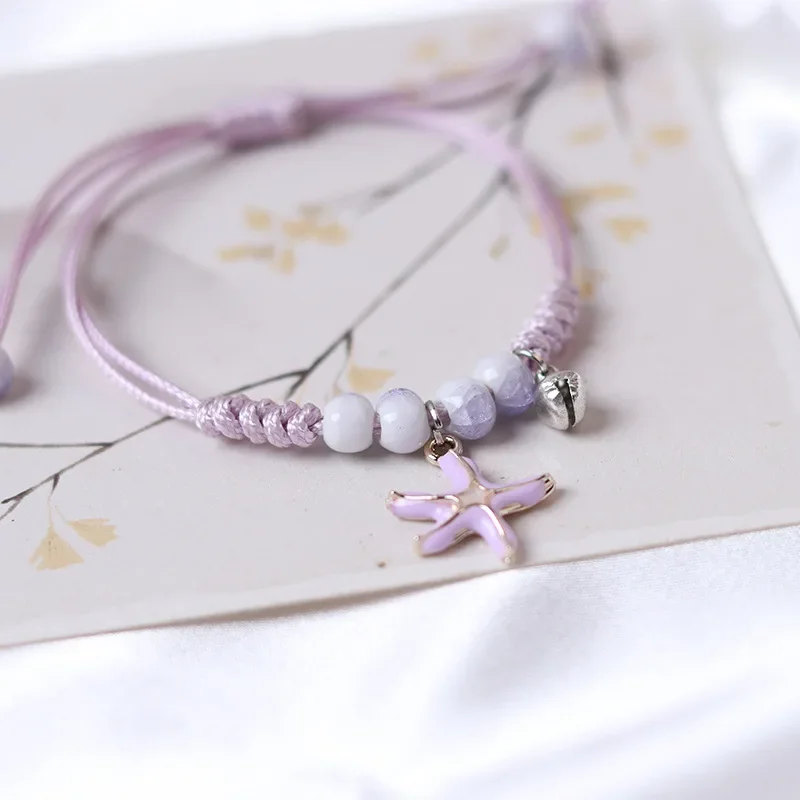 Creative Starfish Shells Pearl Pendant Bracelet Women Girls Handmade Purple Braided  Bangle Adjustable Summer Sand Gifts Jewelry