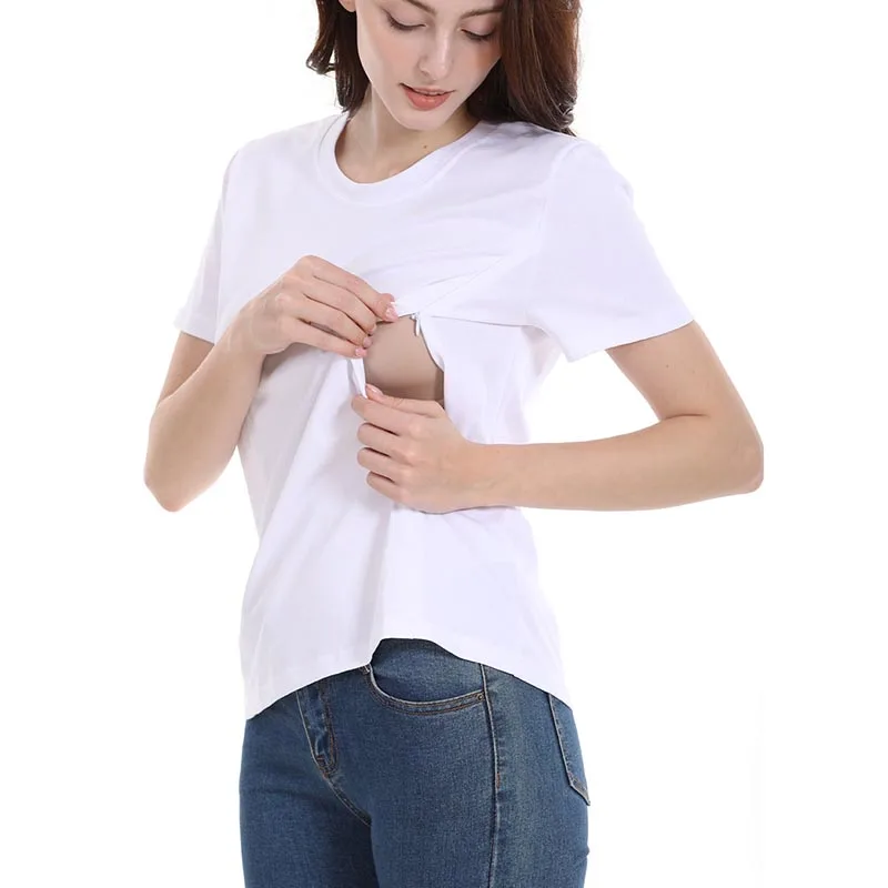 Maternity Breastfeeding Short Sleeve T Shirts Hidden Zipper Design Nursing Life Summer Mom Clothes Large Size Lactation Tops