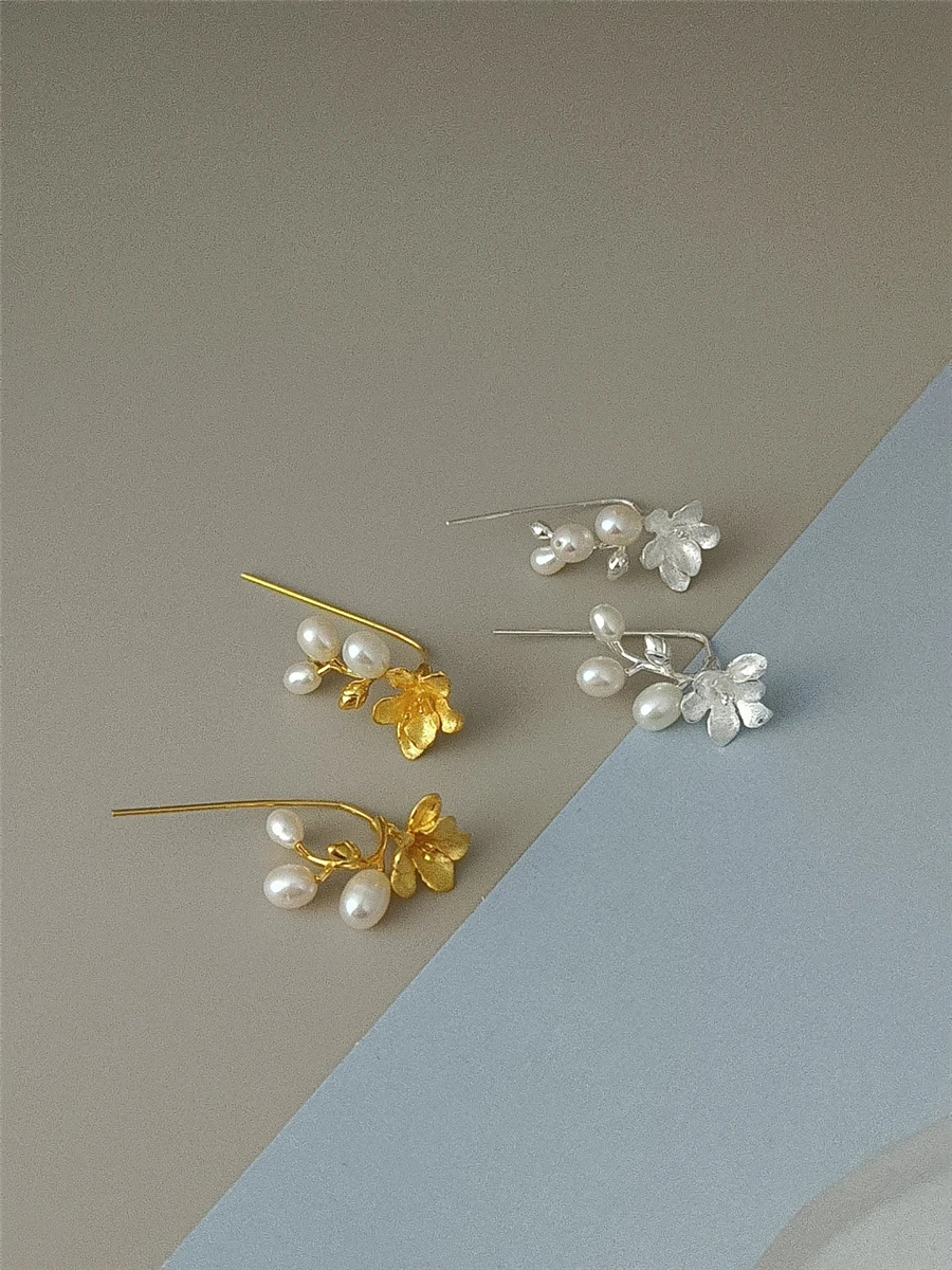 

Original Natural Pearl Daffodil Earrings Artistic Retro Sweet S925 Pure Silver Women's Fashion Jewelry