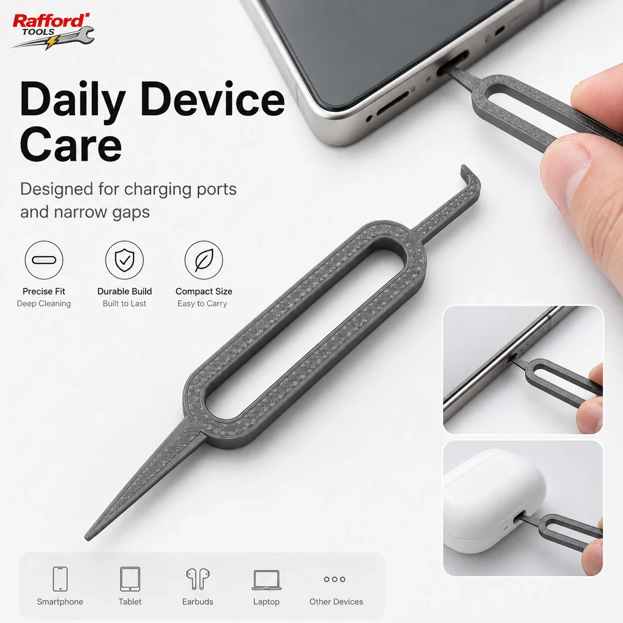 Rafford Herramienta Limpieza Puerto Carga 2 en 1, Gancho Precisión para USB C Lightning, Móviles, Smartphones y Auriculares