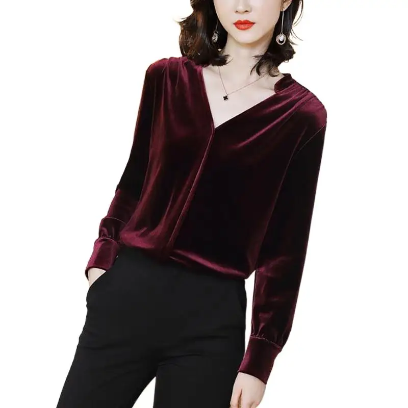 

Long Sleeve Women Blouses Autunm sexy velvet Blouse Shirt Casual Tops Elegant Work Wear velour Shirts