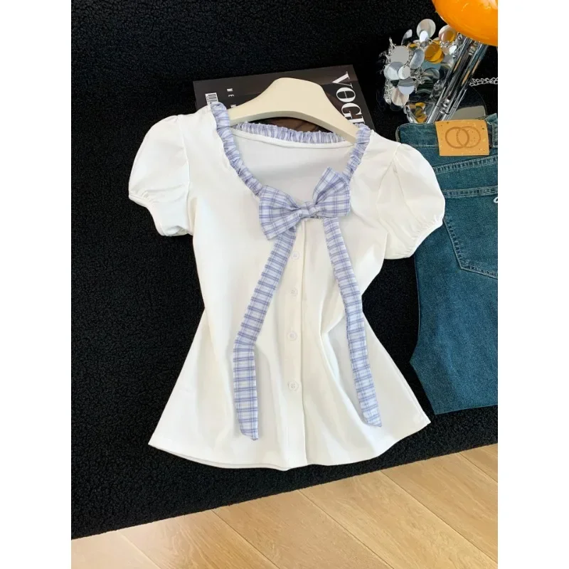 Women's Summer Retro Fashion Bubble Sleeve Top with Large Bow Detail Casual Vacation Streetwear Tshirt for Hot Weather