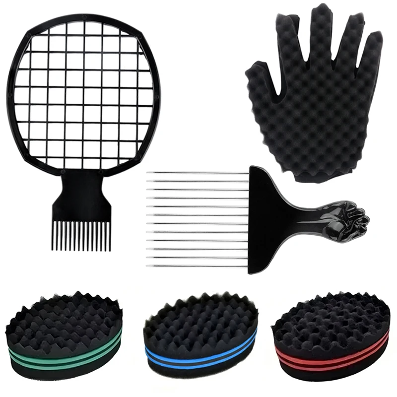 Afro Curly Hair Set With Sponge Brush Twist Hair Comb Glove Barbershop Curling Net Comb Salon Hairdressers Wave Hair Style Tools