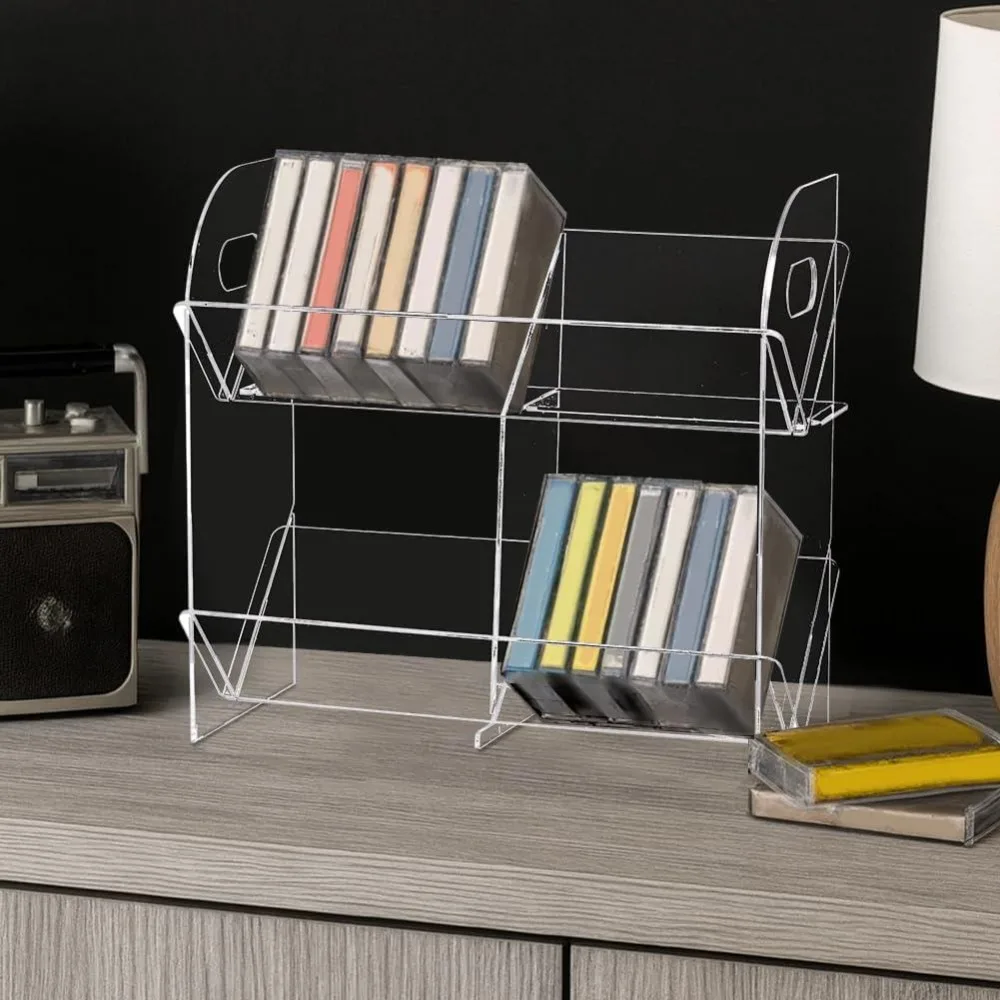 Cassette Tape Holder 2 Tier Acrylic Cassette Tape Storage Rack Clear Retro Audio Tape Deck Storage Display Case with Cutout