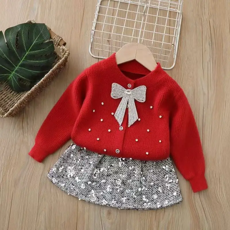 

Children's Sets Girls' 2-Piece Knit Set Sequin & Bow Cardigan Long Sleeve Top & Skirt Korean Style Knitwear Outfit