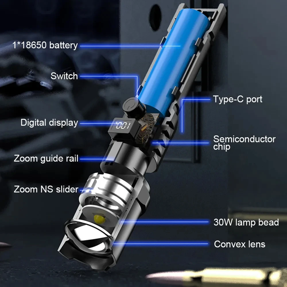 Imagem -06 - Lanterna Led de Longo Alcance Holofote Portátil 30w Tipo-c Bateria Embutida 18650 Zoom Telescópico Tocha Tática
