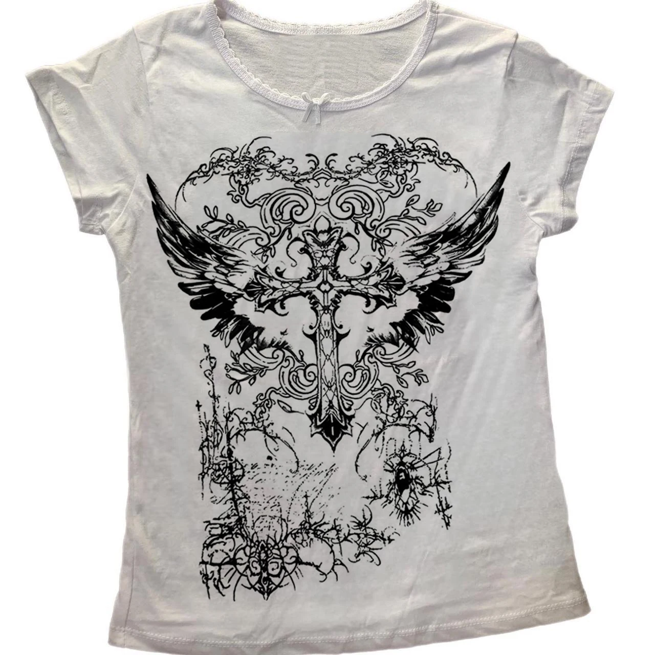 Dunkles Grunge-Damen-Langarm-T-Shirt mit Gothic-Flügel-Kreuz-Vintage-Muster, Y2K Slim Fit, weißes, kurz geschnittenes Oberteil – Detail 6