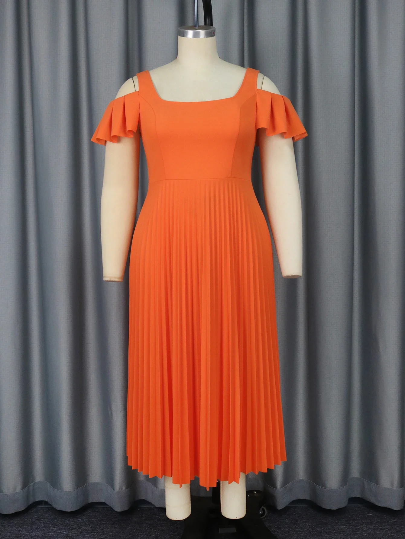 Women Orange Pleated Party Dress Cold Shoulder Square Collar High Waist A-Line Dresses Formal Celebrate Evening Party Event Gown