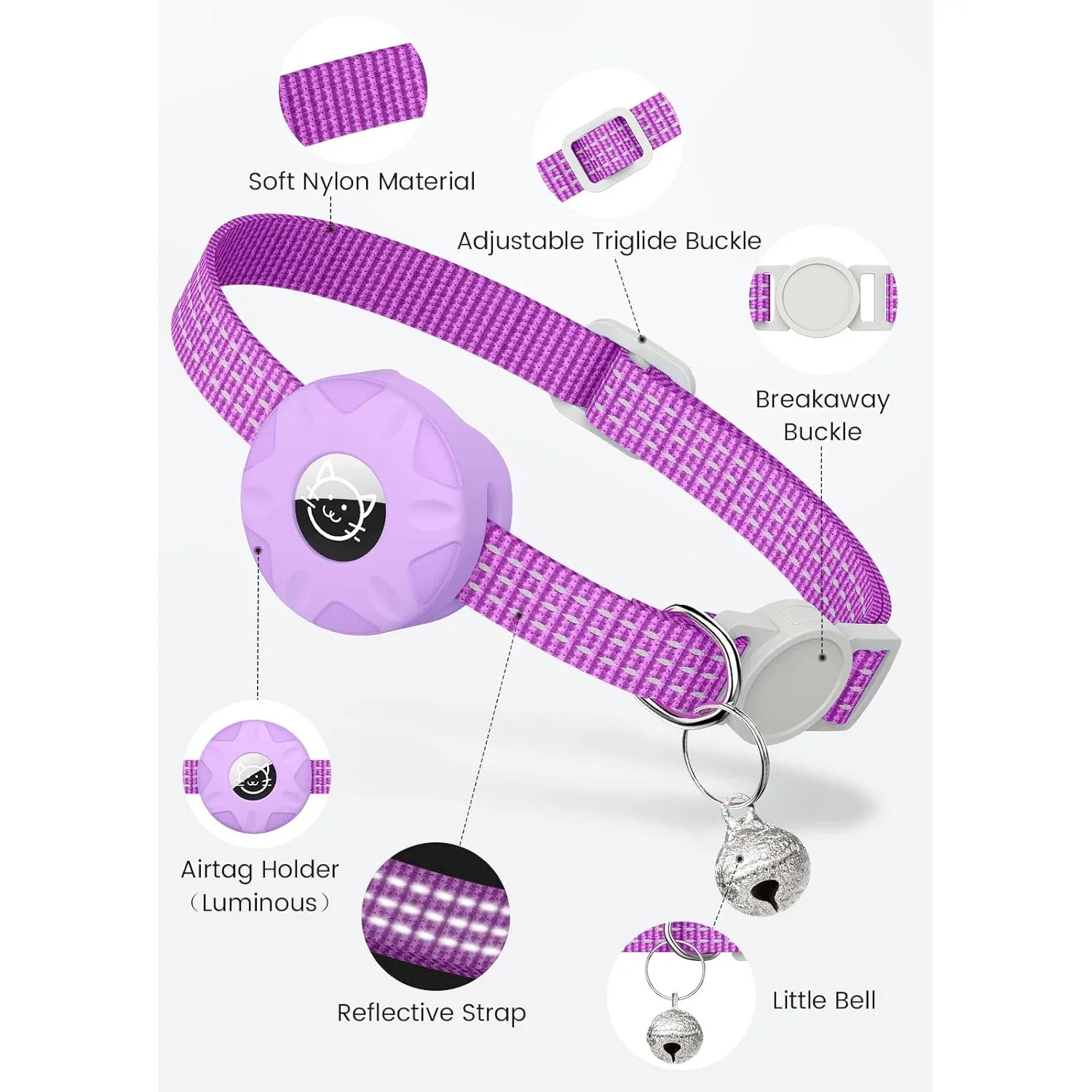 Anti-Lost Cat Collar with Airtag Holder and Bell, Kitten Collars with GPS Tracker Protective Case Reflective Cats Necklace