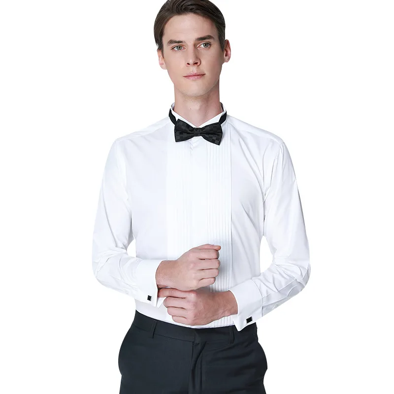 Classic Winged Collar Dress Shirt Men\'s Wingtip Tuxedo Formal Shirts with Red Black Bow Tie Party Dinner Wedding Bridegroom Tops