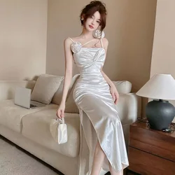 Sexy Bodycon Spaghetti Strap Satin Midi Dresses for Women Summer New Elegant Fashion Evening Birthday Party Prom Female Clothing