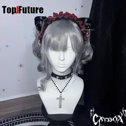 Subculture Y2K GIRL Women's Harajuku Steampunk Gothic Lolita Punk Dark lace Red checks flounce black eadband hair band Accessory