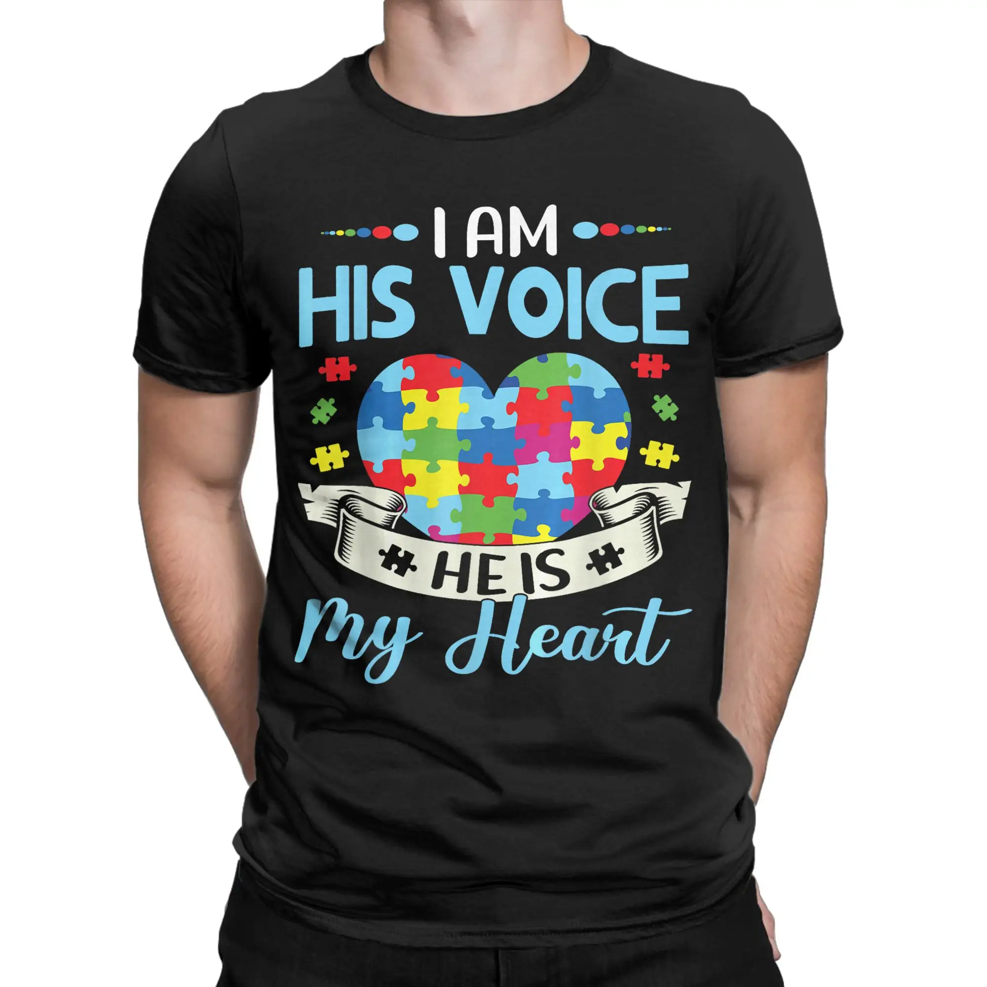 Casual I Am His Voice He is My Heart Autism Awareness Puzzle Piece T-Shirts for Men 100% Cotton T Shirt Short Sleeve Tee Shirt