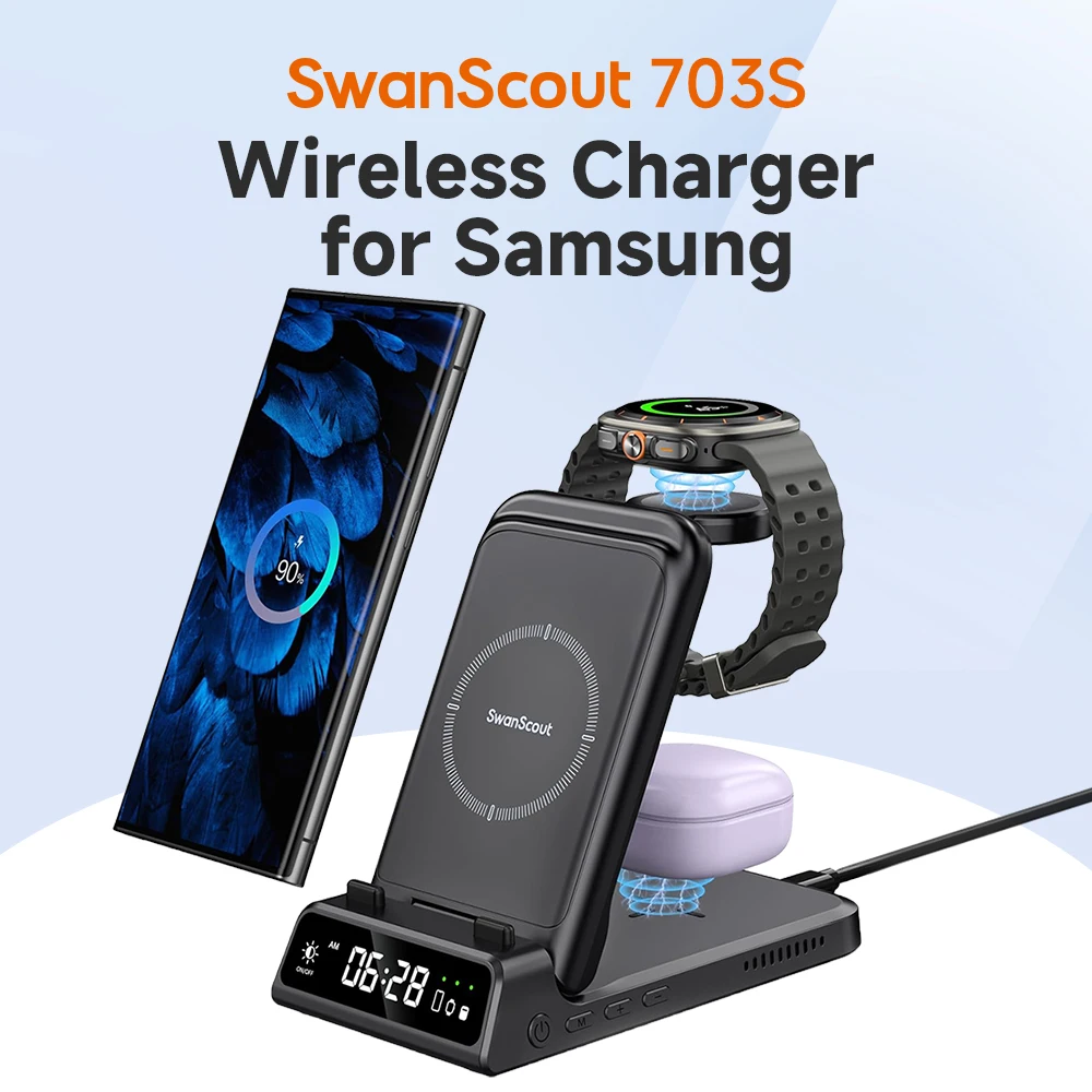 SwanScout 703S Charging Station for Samsung S24+ S23 Z Flip 6 Z Fold 6 Wireless Charger for Galaxy Watch Ultra 7 6 for Buds 2pro