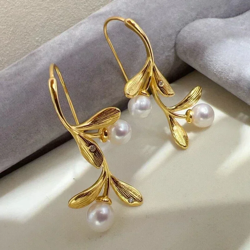 Elegant Olive Branch Pearl Ear Hook Natural Freshwater Akoya Pearl Earrings S925 Sterling Silver Brushed Vintage Style Gift