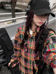 2024 Vintage Y2k Aesthetic Pocket  Grunge Shirts Women Single Breasted Japanese Blouses Contrast Color Plaid Blusas Outerwear