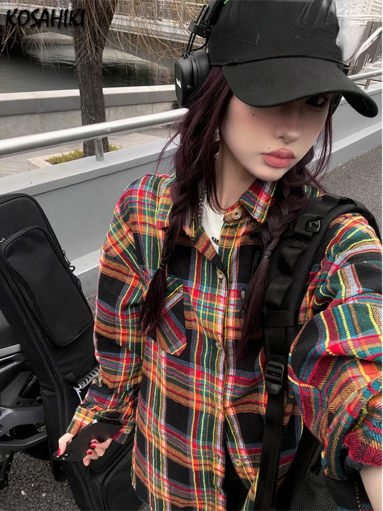 2024 Vintage Y2k Aesthetic Pocket  Grunge Shirts Women Single Breasted Japanese Blouses Contrast Color Plaid Blusas Outerwear